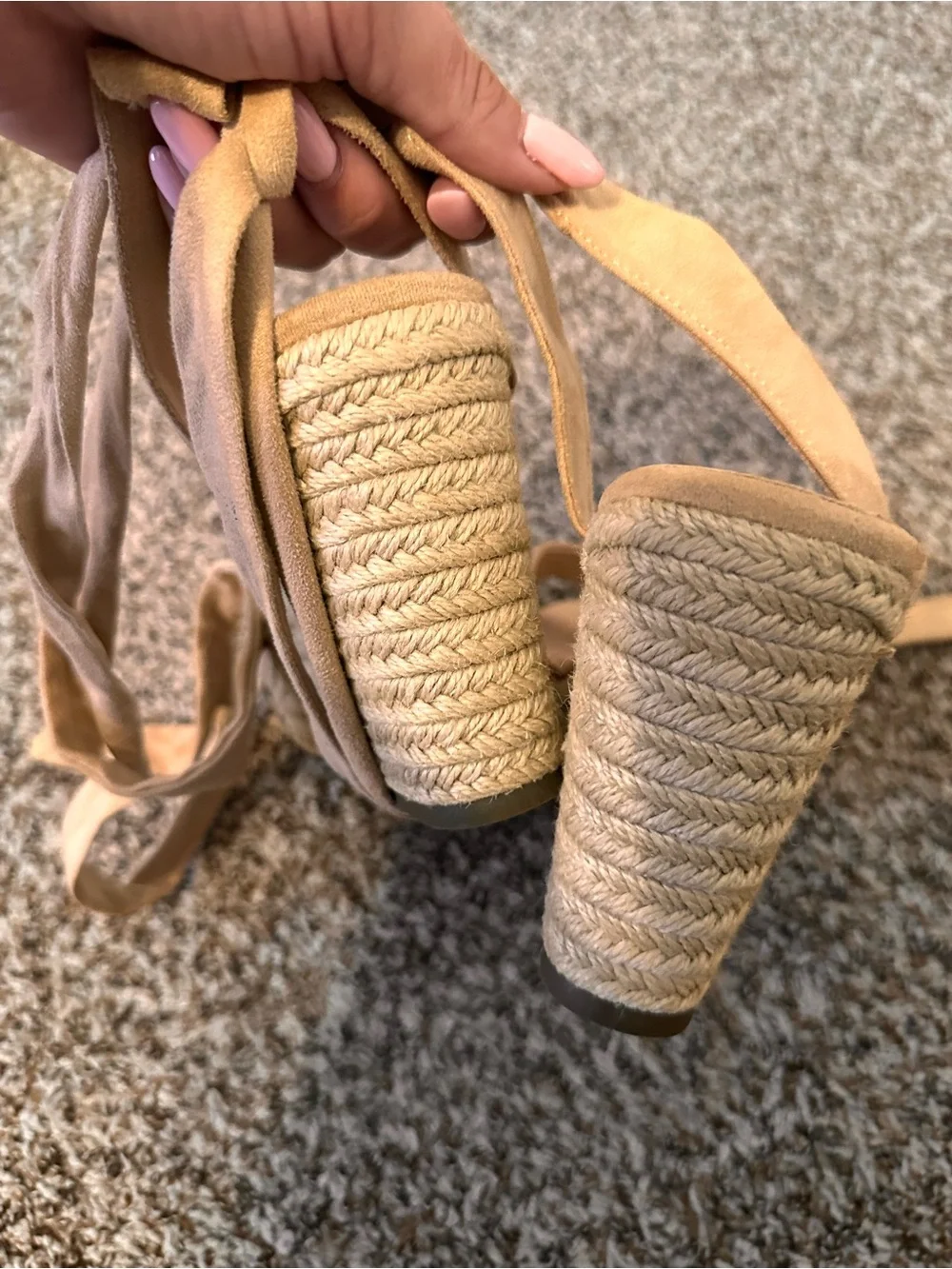 Espadrille Wedge Sandals with Ankle Wraps in Tan